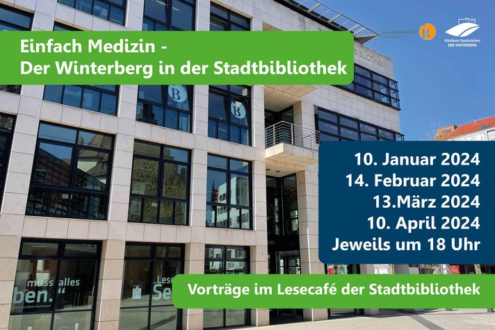 Grafik: Veranstaltungsreihe „Medizin zum Hören – der Winterberg in der Stadtbibliothek“ mit den Terminen von Januar bis April 2024. 