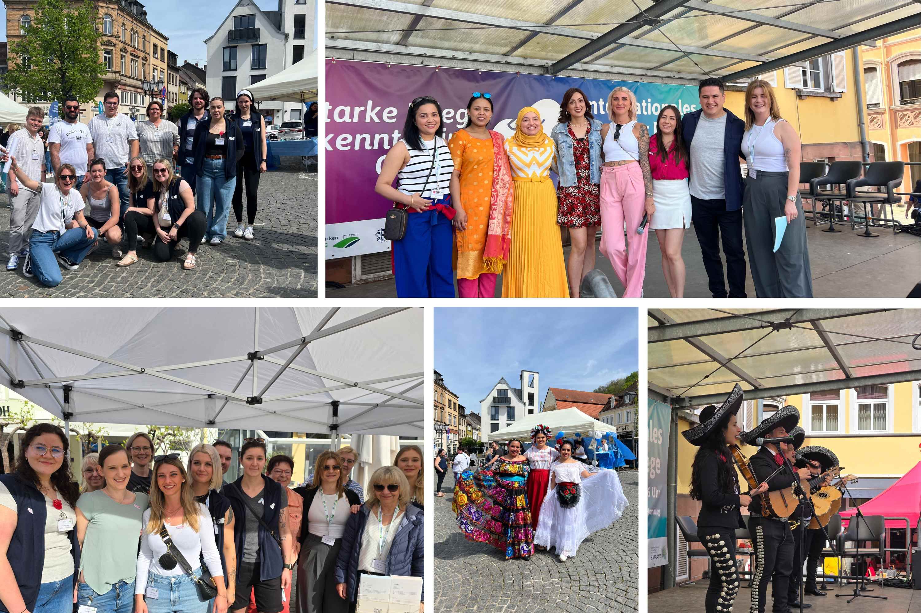 Eine Collage aus vielen Fotos vom Fest der Pflege in Homburg: Gruppenfotos von lachenden Menschen, eine Band, mexikanisches Essen