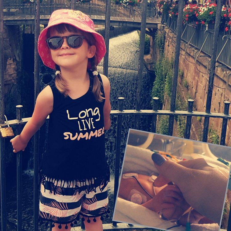 Bildercollage - heute 5-jähriges Mädchen mit Sonnenbrille und Ausschnitt eines Fotos bei der Geburt in der 29. Schwangerschaftswoche   