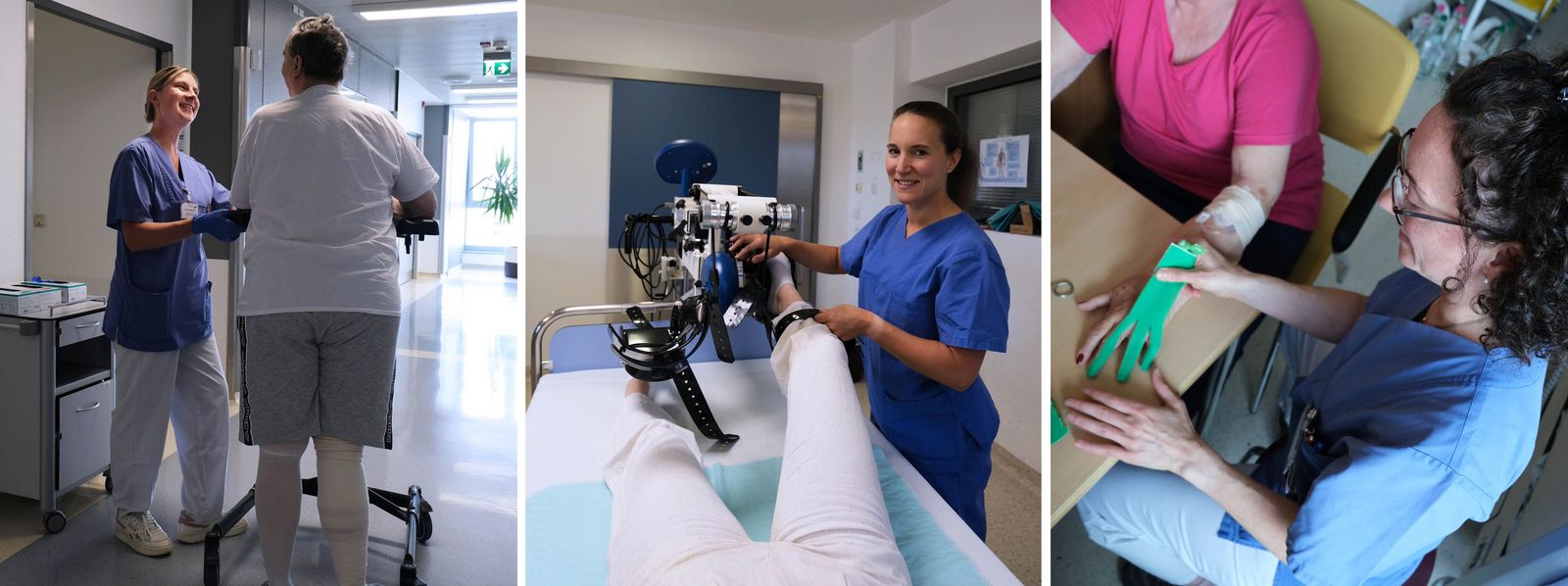 Collage mit drei Bildern: links eine Physiotherapeutin, die mit einem Patienten am Gehwagen über den Stationsflur läuft; Mitte: Ergotherapeutin am Bettenfahrrad; rechts: Ergotherapeutin beim Hand-Taping einer Patientin Slider_Physikalische_Therapie-1.jpg