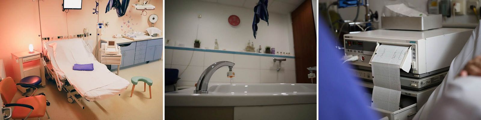 Eine Collage aus drei Bildern: Der Kreißsaal, eine Badewanne im Kreißsaal und ein CTG Slider_Kreisssaal_Raeume.jpg