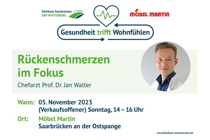 Grafik:  Rückenschmerz im Fokus im Einrichtungshaus Möbel Martin am 5. November 2023 mit Prof. Dr. Jan Walter. 