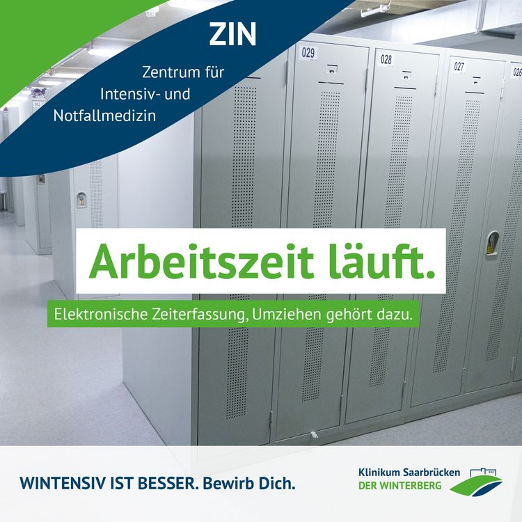 Kampagnenmotiv "Wintensiv ist besser" im Klinikum Saarbrücken für Intensivpflegekräfte: Arbeitszeit läuft, elektronische Zeiterfassung, Umziehen gehört dazu