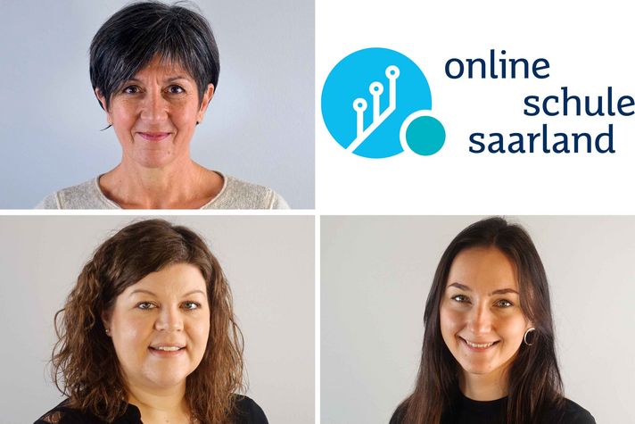 Collage: drei Lehrerinnen im Klinikum Saarbrücken, Logo Online Schule Saarland