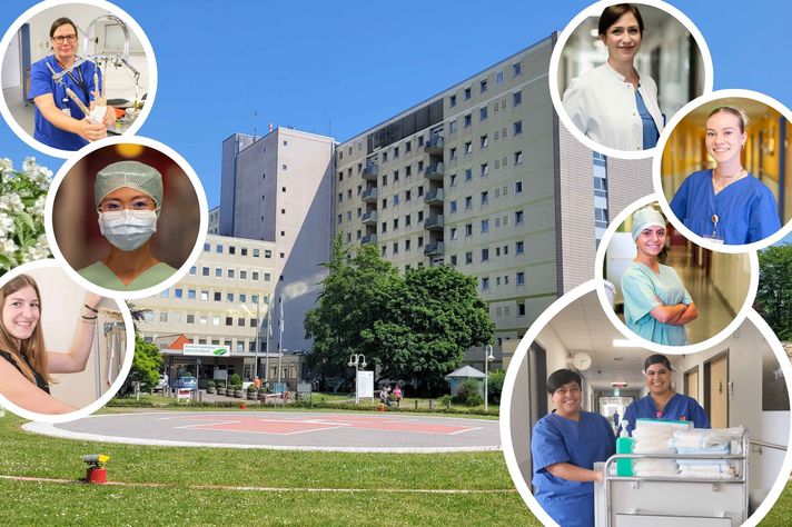 Das Klinikum Saarbrücken mit dem Helikopterlandeplatz. Rechts und links sind Bilder in Kreisen, die Mitarbeiterinnen zeigen, die in der Pflege, als Ärztin, als Hebamme, im OP und in der Verwaltung arbeiten.