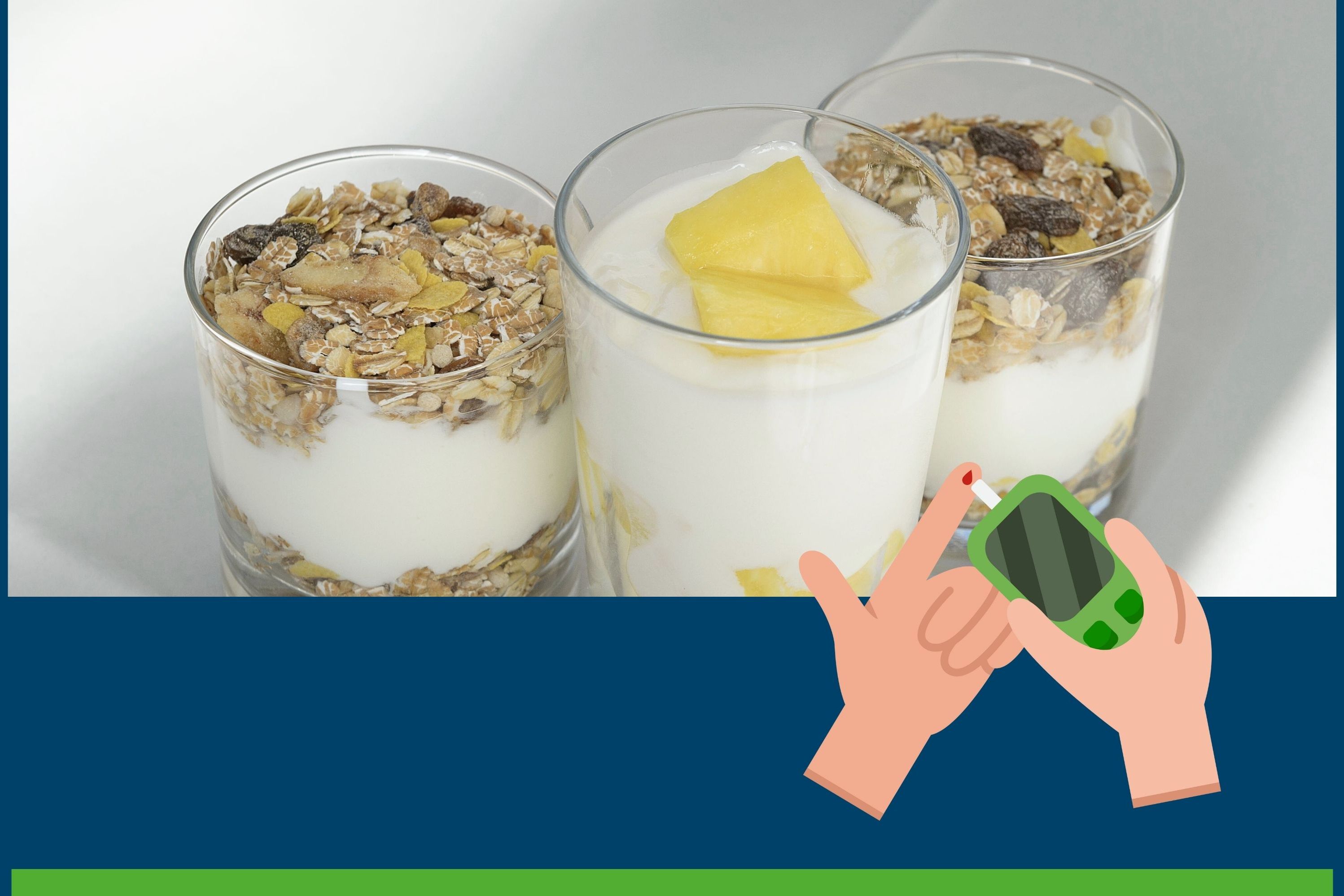 Symbolbild zur Veranstaltung in der Volkshochschule Saarbrücken: Ernährung bei Diabetes: Ein Schlüssel zur Blutzuckerkontrolle. Die Grafik zeigt drei Gläser mit Joghurt und Müsli sowie zwei Hände mit einem symbolischen Blutstropfen und einem Blutzuckermeßgerät.