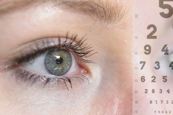 Collage: Nahaufnahme Auge einer Frau und Sehtest-Zahlen