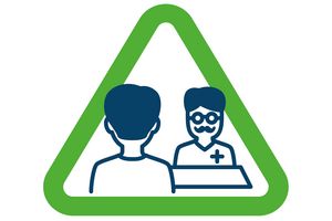 Icon: Mensch von hinten im Gespräch mit Mensch mit Kreuzchen auf Hemd in grünem Warndreieck
