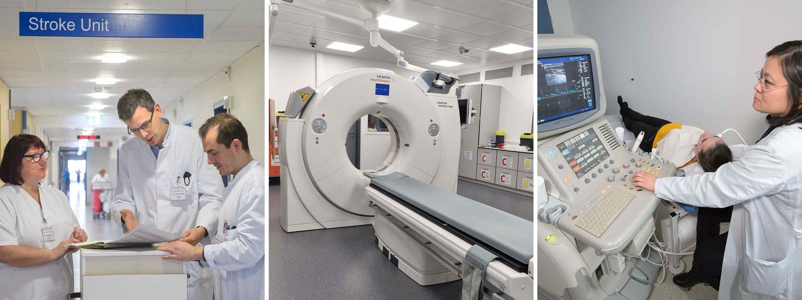 Eine Collage aus drei Fotos. Ganz links ein Foto mit einem Arzt und zwei Pflegekräften, in der Mitte ein Foto von einem CT und rechts ein Foto einer Ärztin, die eine Patientin untersucht Slider_Neurologie.jpg