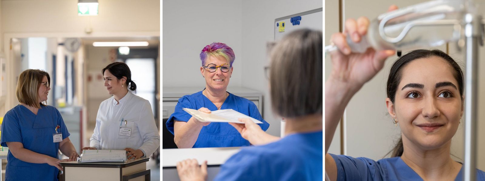 Collage aus drei Bildern: 1. Pflegekraft und Ärztin auf einem Flur im Klinikum Saarbrücken am Visitenwagen mit einer Patientenakte; 2. Im Untersuchungs- und Behandlungszentrum reicht eine medizinische Angestellte eine Akte an eine Kollegin weiter am Anmeldetresen; 3. Eine Pflegefachkraft hängt eine Infusionsflasche an einen Infusionsständer Slider_Pflege_im_Klinikum.jpg