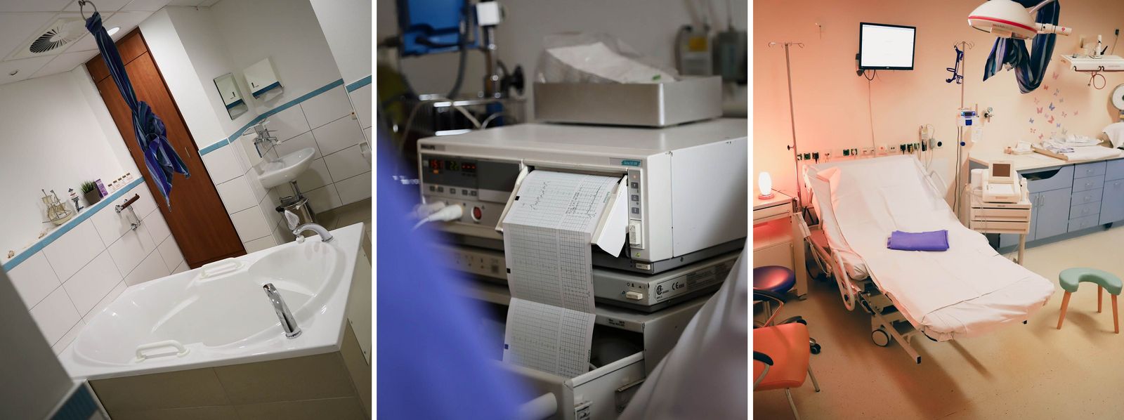 Eine Collage aus drei Bildern: Eine Badewanne im Kreißsaal, ein CTG und ein Blick in einen Kreißsaal im Klinikum Saarbrücken Geburtshilfe_Kreisssaal_Raeume_Slider.jpg