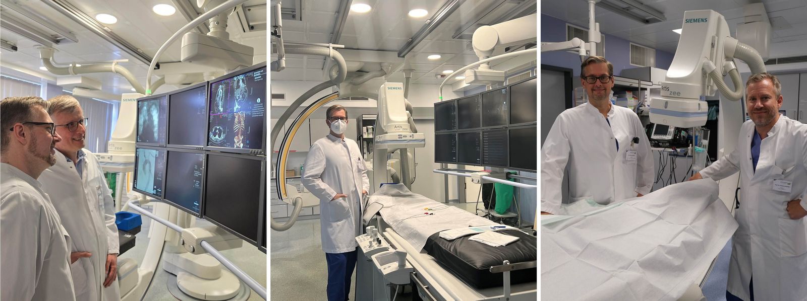 Collage aus drei Bildern: 1. Gefässchirurgie-Chefarzt Dr. Steffen zusammen mit dem Chefarzt der Radiologie Dr. Spüntrup, 2. Dr. Steffen im Herzkatheterlabor, 3. Dr. Steffen mit dem Chefarzt der Inneren Medizin 2, Prof. Dr. Custodis Gefaesschirurgie_interdisziplinaere_Zusammenarbeit_Slider.jpg
