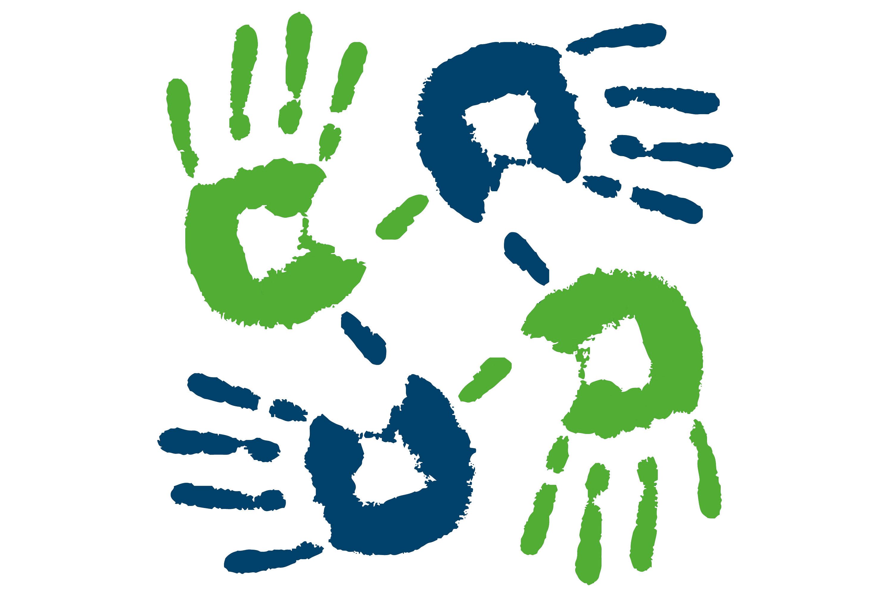 Logo Handzentrum auf dem Winterberg: Zwei grüne und zwei blaue Handabdrücke wechseln sich ab und bilden einen Kreislauf