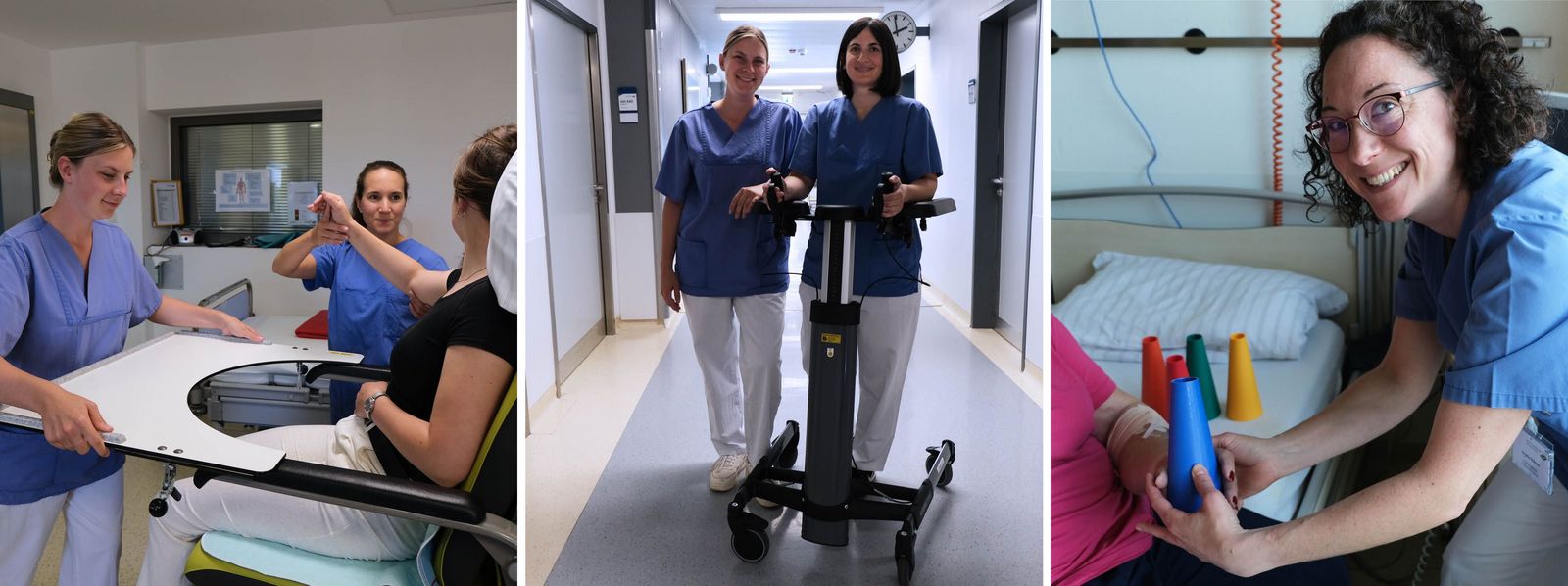 Collage mit drei Bildern: links: zwei Kolleginnen der Physikalischen Therapie bringen vor einer Patientin einen Tisch am Mobilizer an und machen eine Armübung; Mitte: zwei Physiotherapeutinnen am Gehwagen auf dem Stationsflur; rechts: Ergotherapeutin übt Alltagsbewegungen mit Kegeln mit einer Patientin Slider_Physikalische_Therapie-2.jpg