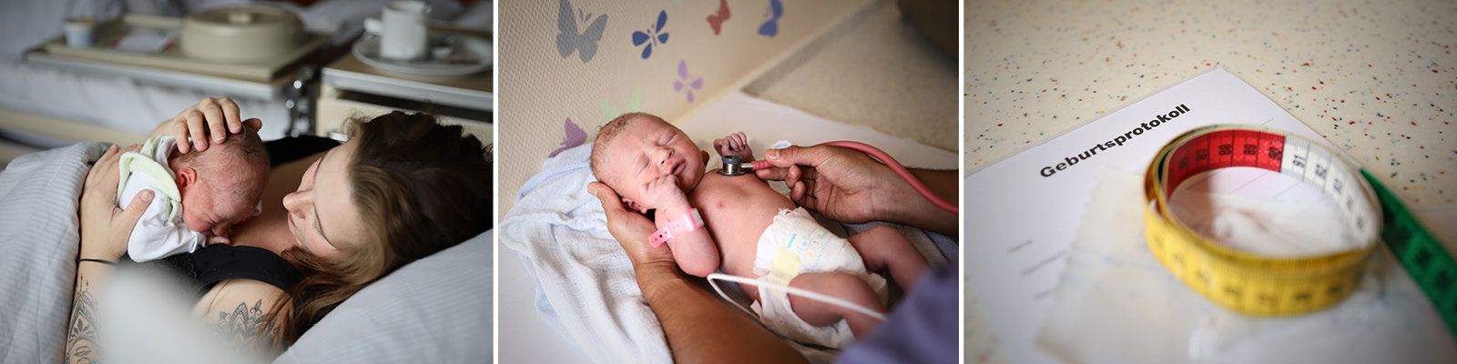 Eine Collage: Mutter und Kind, ein Baby, das untersucht wird und ein Geburtenprotokoll Slider_Geburtshilfe_5.jpg