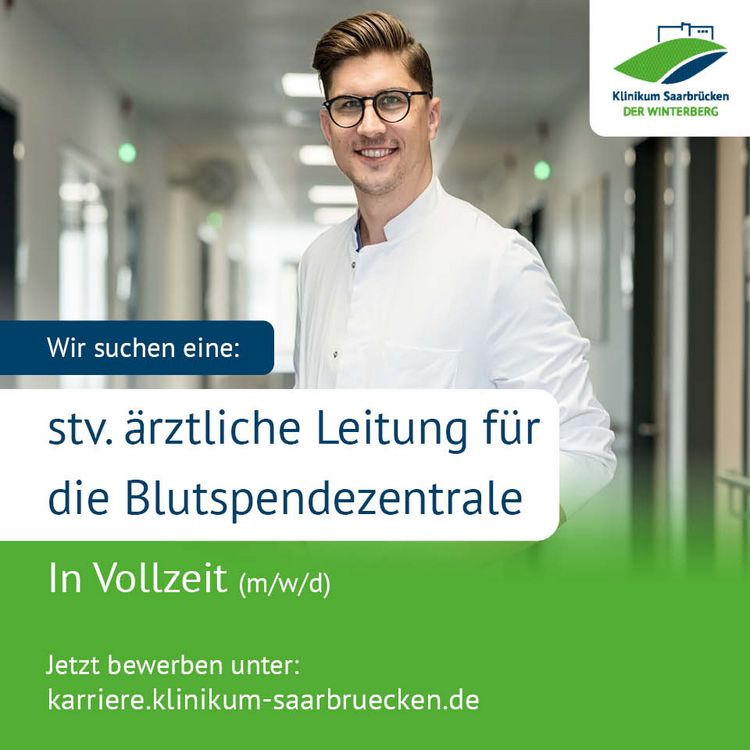 Eine Stellenanzeige: Wir suchen eine stellvertretende ärztliche Leitung für die Blutspendezentrale