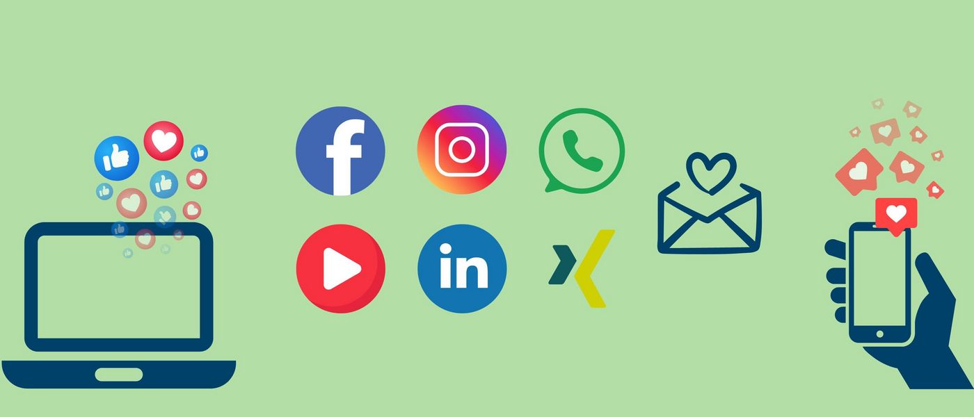 Collage mit Icons: Laptop und Handy in einer Hand aus denen "Likes" aufsteigen. In der Mitte Social Media Icons: Facebook, Instagram, Newsletter, Whatsapp, YouTube, LinkedIn, Xing