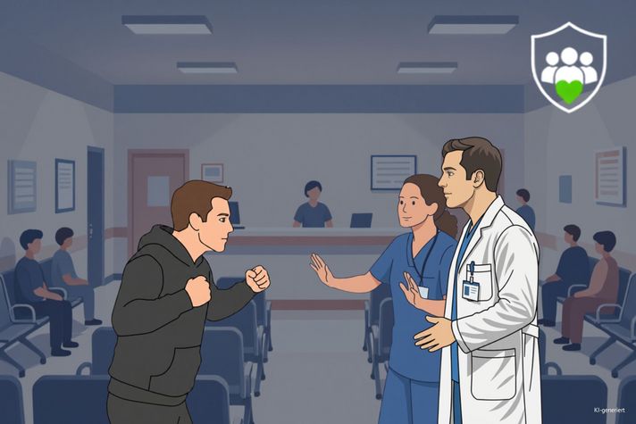 Das Bild zeigt einen Patienten, der Klinikpersonal mit Fäusten bedroht. 