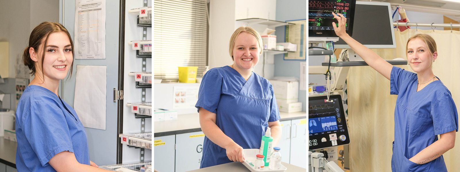 Collage mit drei Auszubildenden auf der Intensivstation im Klinikum Saarbrücken. Bild links: Auszubildende vor einem Medikamentenschrank, Bild Mitte: Auszubildende mit einem Medikamententablett in der Hand, Auszubildende mit einer Hand am Monitor  ZIN_Slider_1.jpg