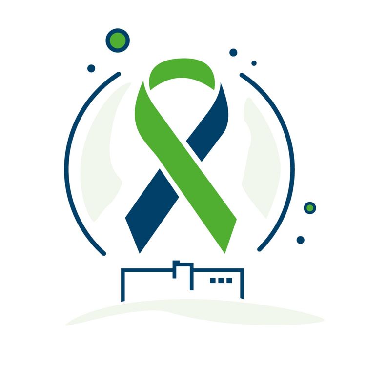 Icon: onkologische Schleife in den Winterberg-Farben Grün und Blau über dem Klinikum Saarbrücken