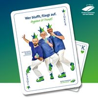 Grafik zur Hygienekampagne "Hygiene ist Trumpf", Hygieneteam Sem Marcel Schmidt, Jörg Dreistadt und Elke Zeitz (v.l.n.r.) als Jokerkarte: Wer blufft, fliegt auf. 