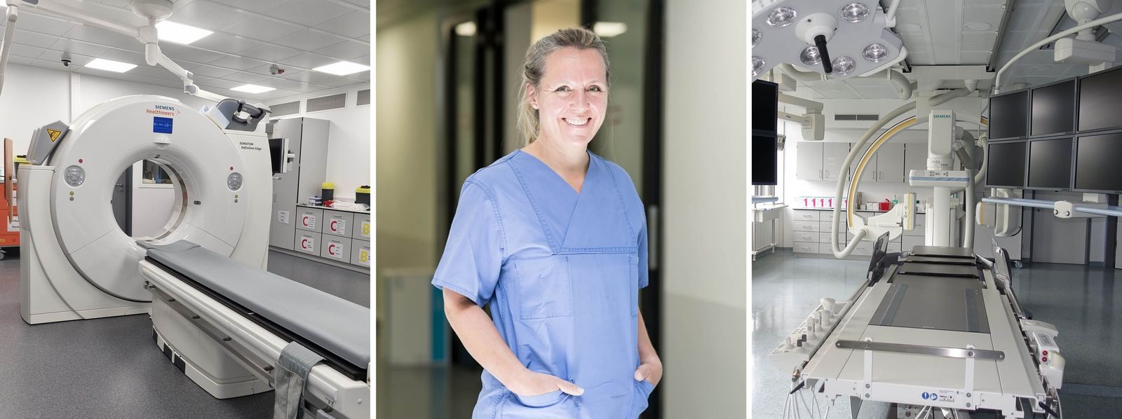 Collage: Bild links: CT im Schockraum der Notaufnahme, Bild Mitte: Mitarbeiterin, Bild rechts: Angiographieanlage Radiologie_Slider.jpg