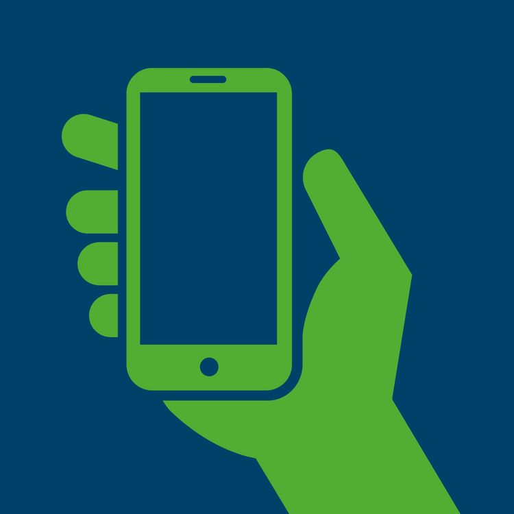 Grüne Grafik Hand mit Smartphone auf blauem Hintergrund