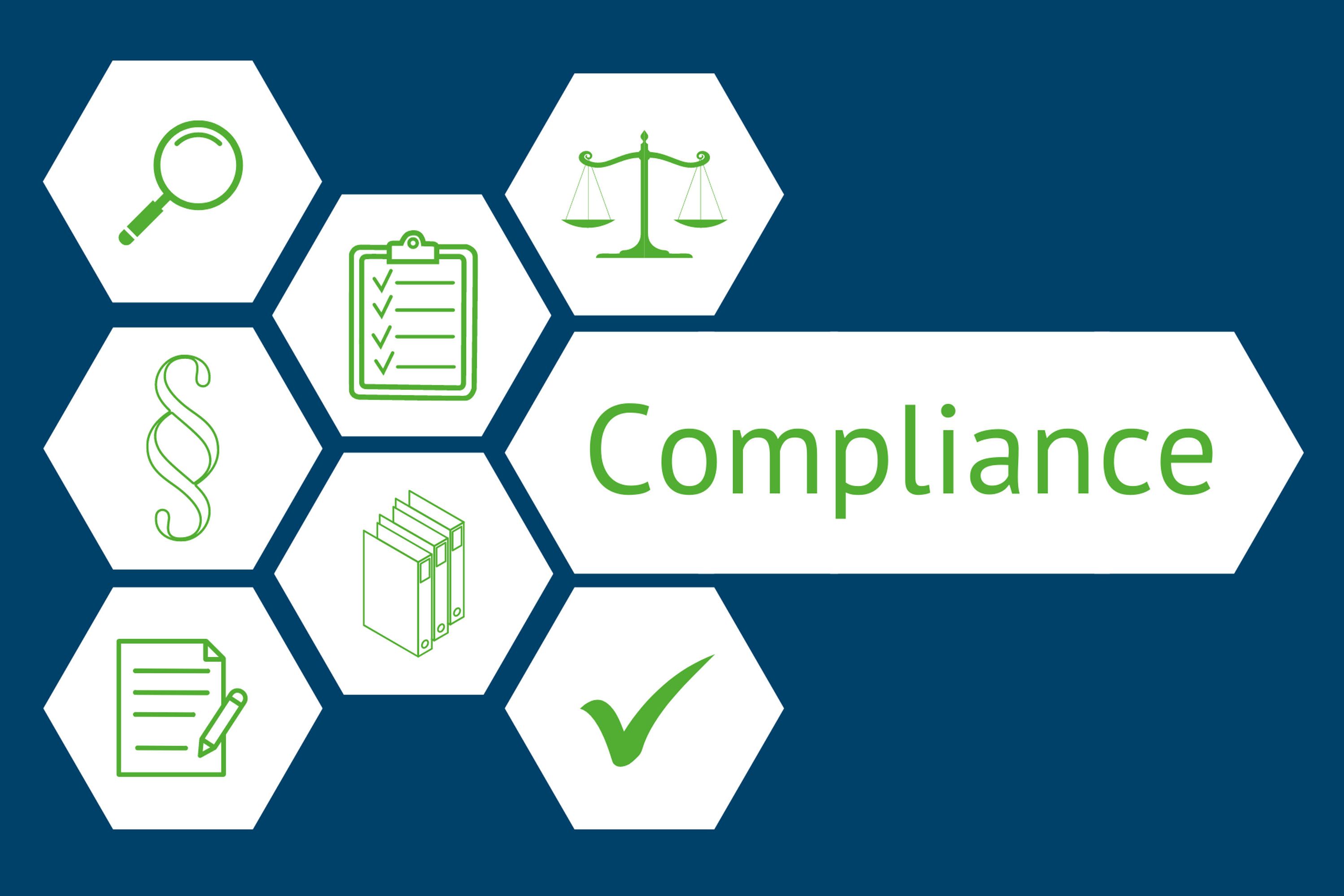 Mehrere Icons in Waben (Lupe, Paragraph, Ordner, Checkliste, Vertrag, Waage) und Schriftzug Compliance 