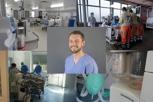Collage: Impressionen Coronapatienten und -Schutzausrüstung und Portraitfoto Karsten Schmitt