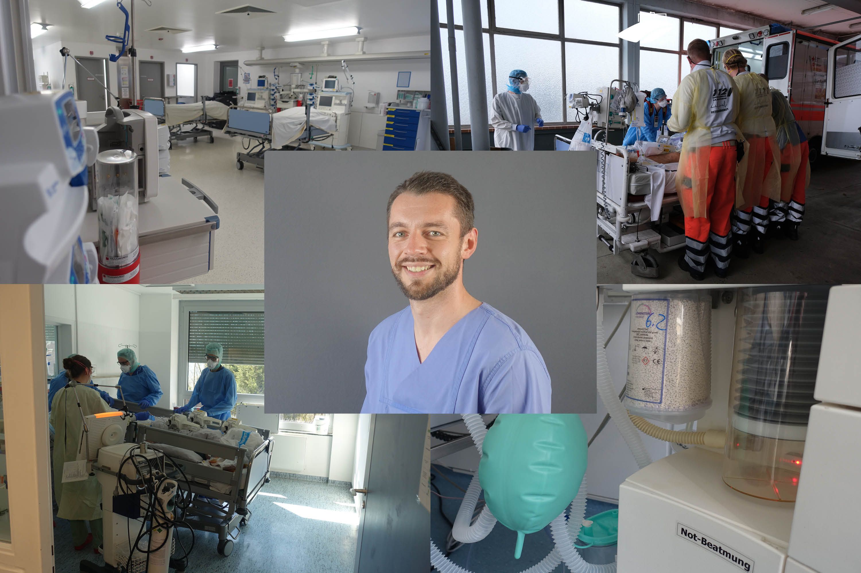 Collage: Impressionen Coronapatienten und -Schutzausrüstung und Portraitfoto Karsten Schmitt
