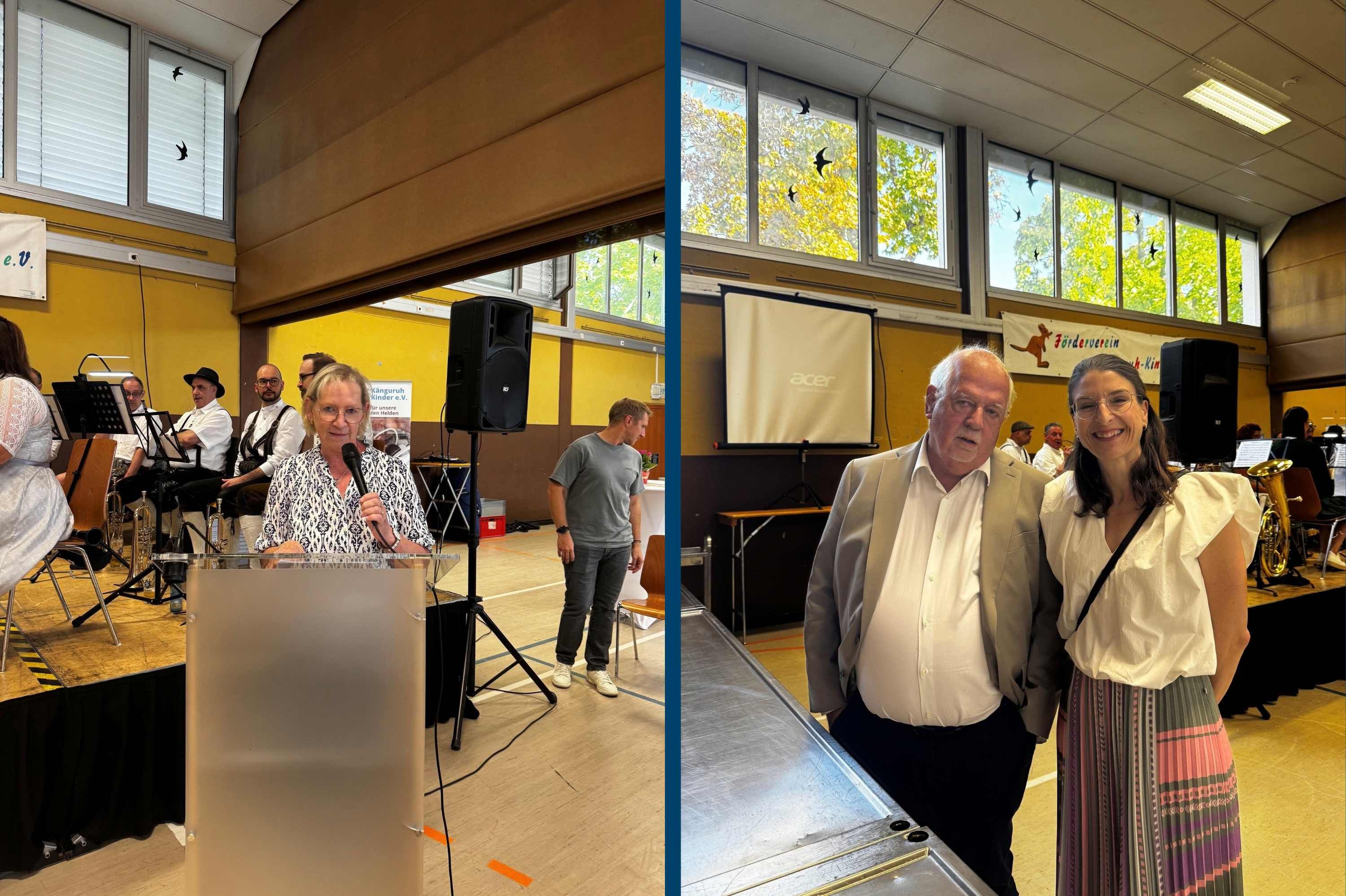 rechts: 1. Vorsitzende Sylvia Huy am Rednerpult. Linkes Bild: Prof. Dr. Jens Möller, ehemaliger Chefarzt der Kinderklinik und Nachfolgerin Dr. Marie-Claire Detemple