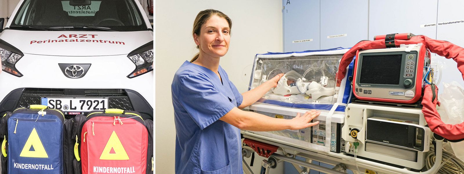 Collage aus zwei Bildern: 1. Notfallauto des Perinatalzentrums mit "Kindernotfall"-Rucksäcken, 2. Chefärztin Dr. Marie-Claire Detemple mit einem Transportinkubator für Frühgeborene Kinderklinik_Transportinkubator_Slider.jpg