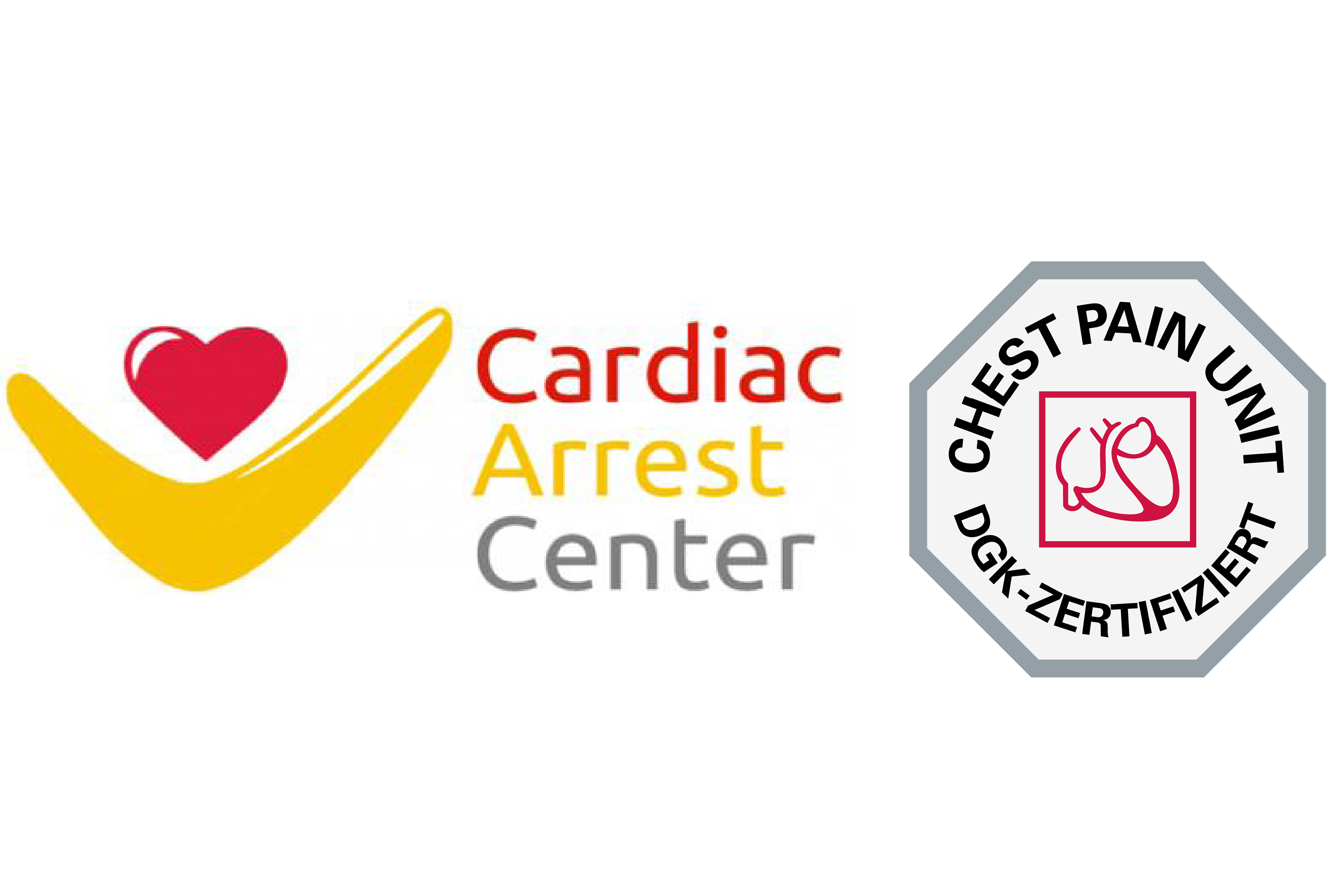 Zwei Logos: Links das Logo des Cardiac Arrest Center und rechts ein Logo mit dem Schriftzug Chest Pain Unit