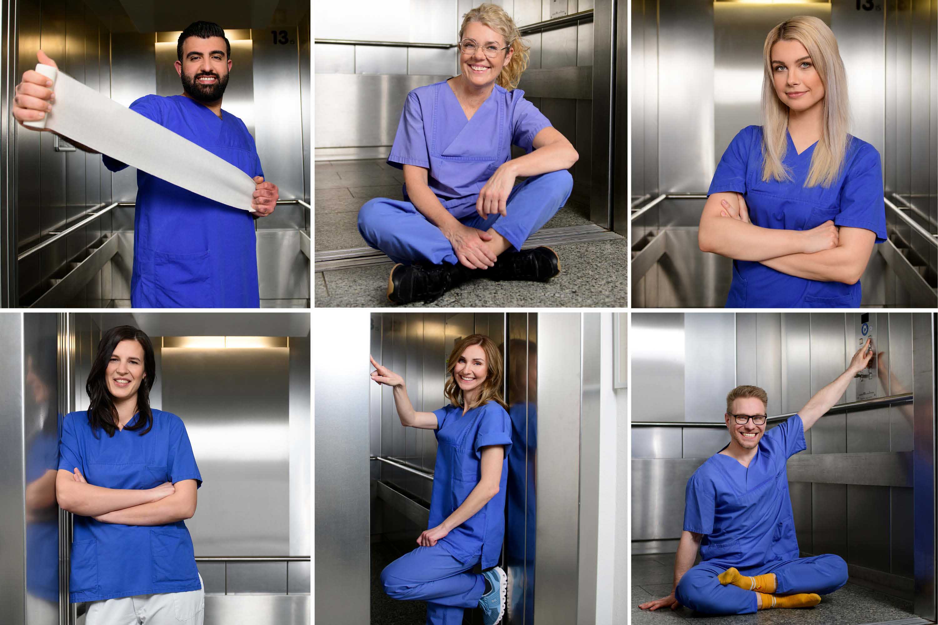 Collage mit mehreren Mitarbeitenden im Bereich Pflege fotografiert im Fahrstuhl im Klinikum Saarbrücken