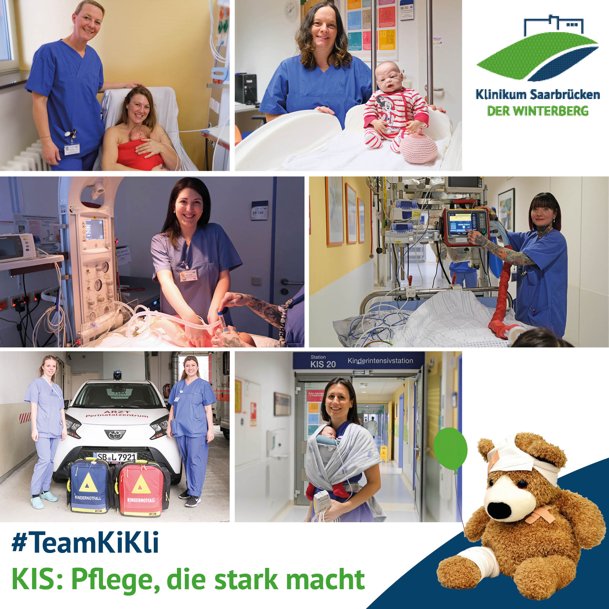 Collage mit allen Pflegekräften der Serie "KIS: Pflege, die stark macht"