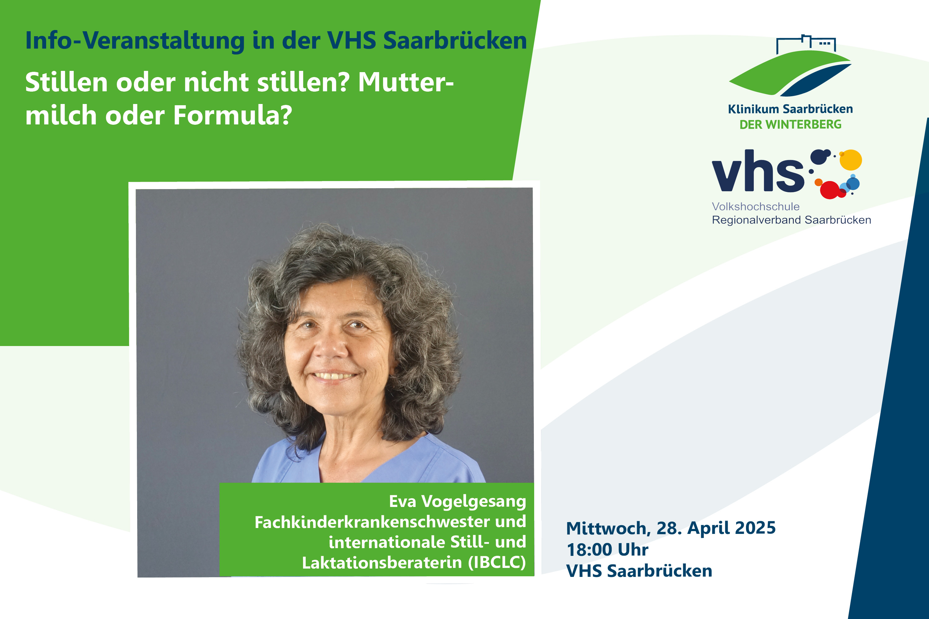 Veranstaltung in der VHS Saarbrücken mit Eva Vogelgesang am 28.04.2025 um 18 Uhr:" Stillen oder nicht stillen? Muttermilch oder Formuala?