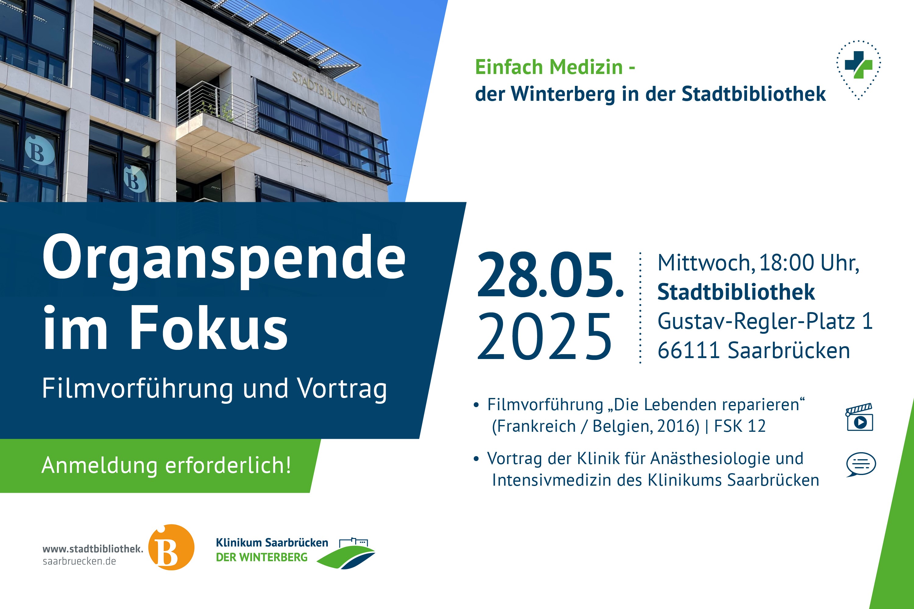 Grafik: Organspende im Fokus, Filmvorführung in der Stadtbibliothek Saarbrücken am 28. Mai 2025 um 18 Uhr