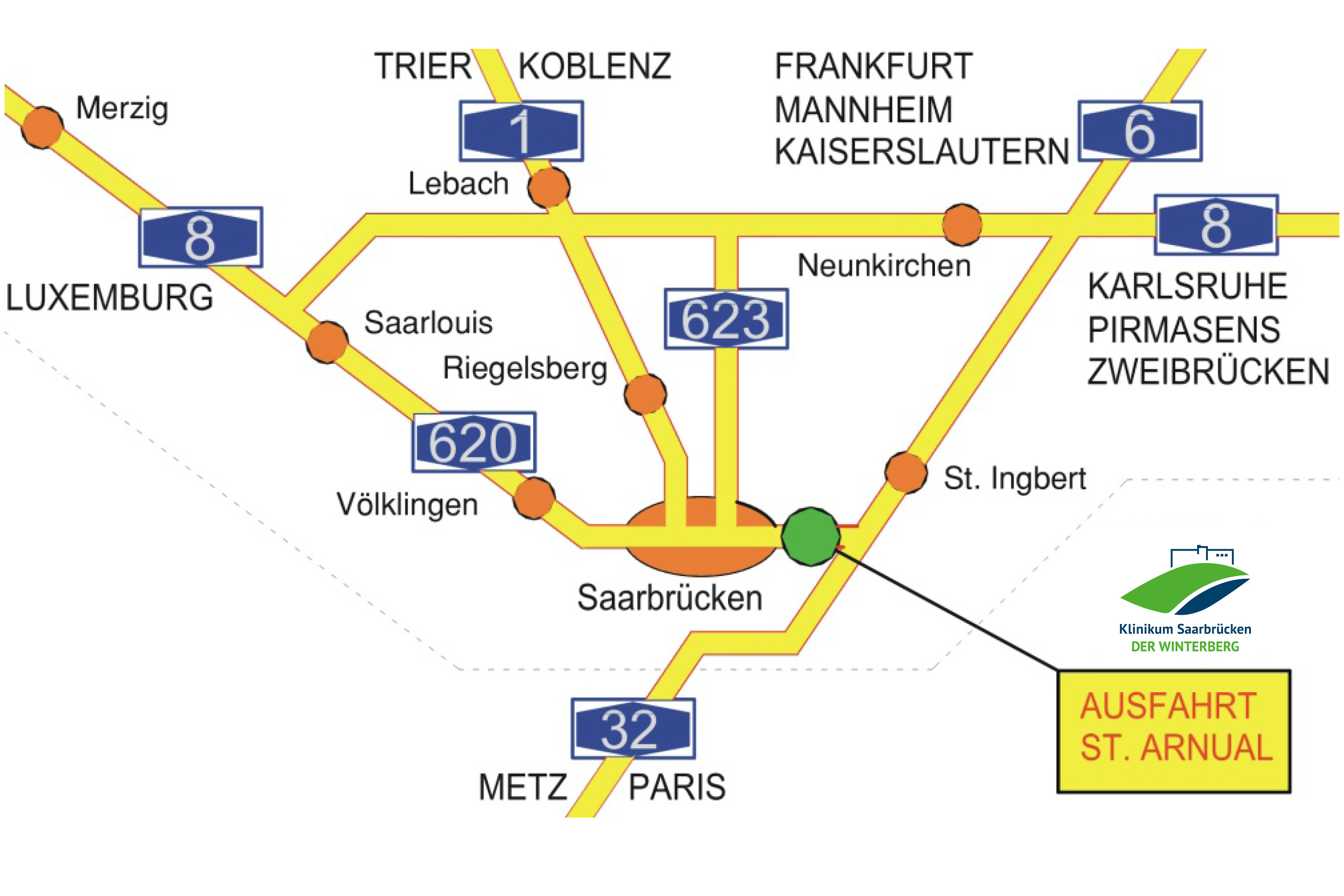 Autobahnplan mit Klinikum Saarbrücken